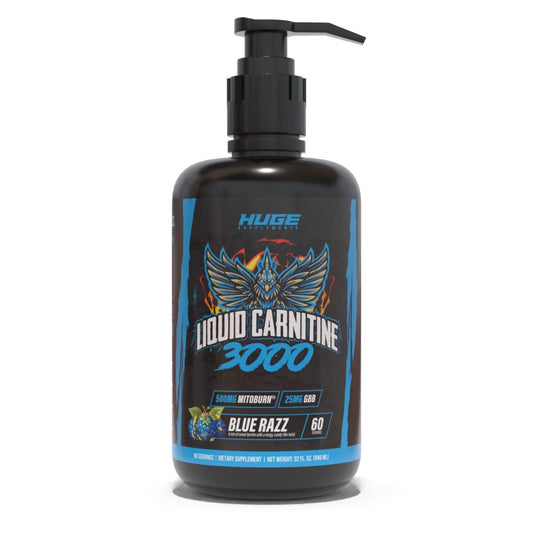 Huge Supplements Liquid L-Carnitine 3000 with pump-top enables precise, mess-free dosing during workouts.