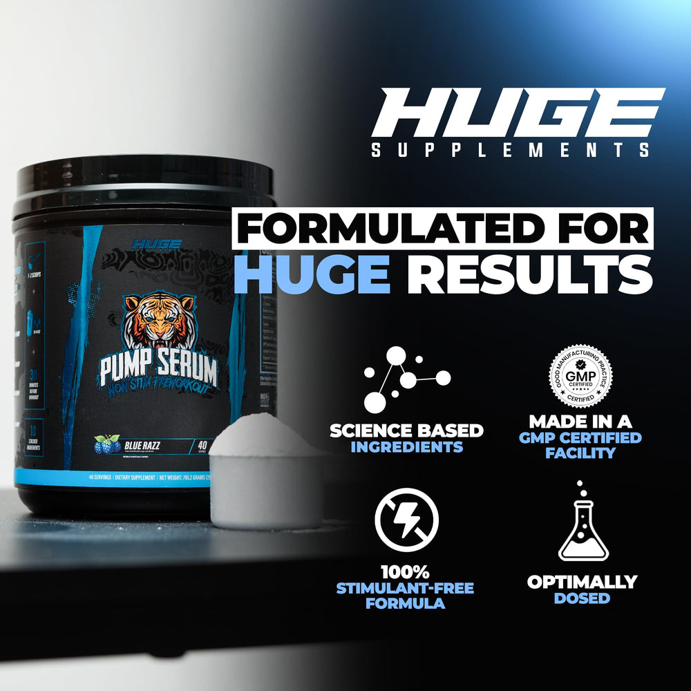 Huge Supplements Pump Serum blue razz flavor swatch highlighting refreshing taste