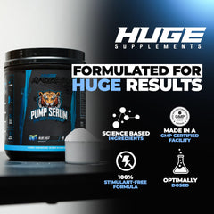 Huge Supplements Pump Serum blue razz flavor swatch highlighting refreshing taste