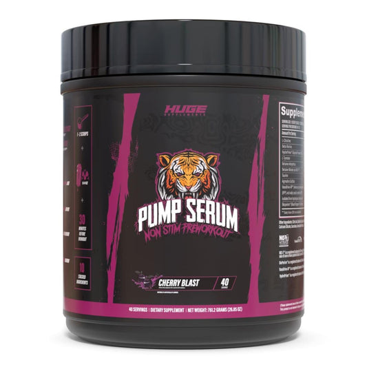 Huge Supplements Pump Serum bottle pour shows caffeine-free pumps and vascular focus.