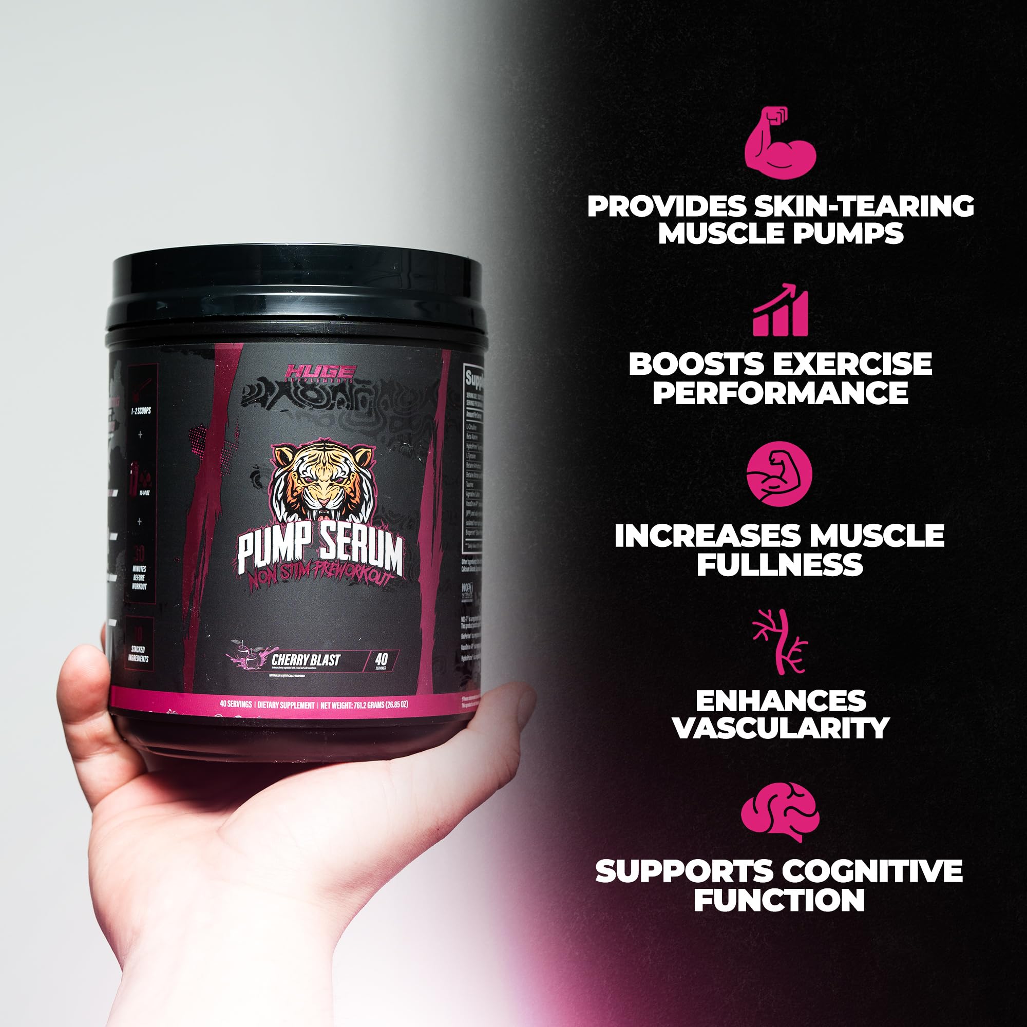 Closeup of Pump Serum label highlights a fully dosed stimulant-free pre-workout.