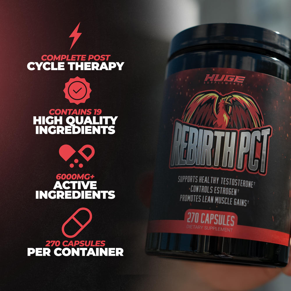 Huge Supplements Rebirth PCT science-backed ingredients close-up for recovery potential.