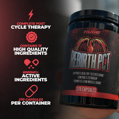 Huge Supplements Rebirth PCT science-backed ingredients close-up for recovery potential.