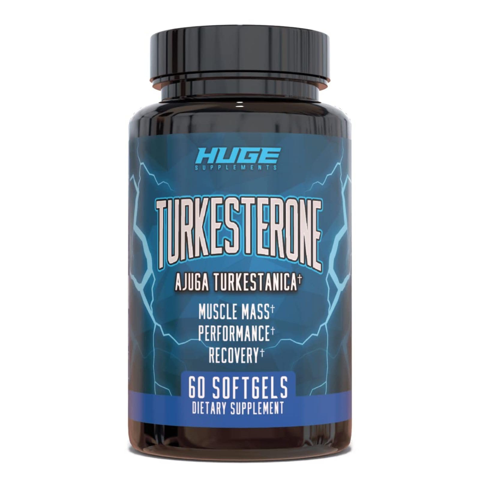 Huge Supplements Turkesterone softgel bottle highlights premium formulation for workouts