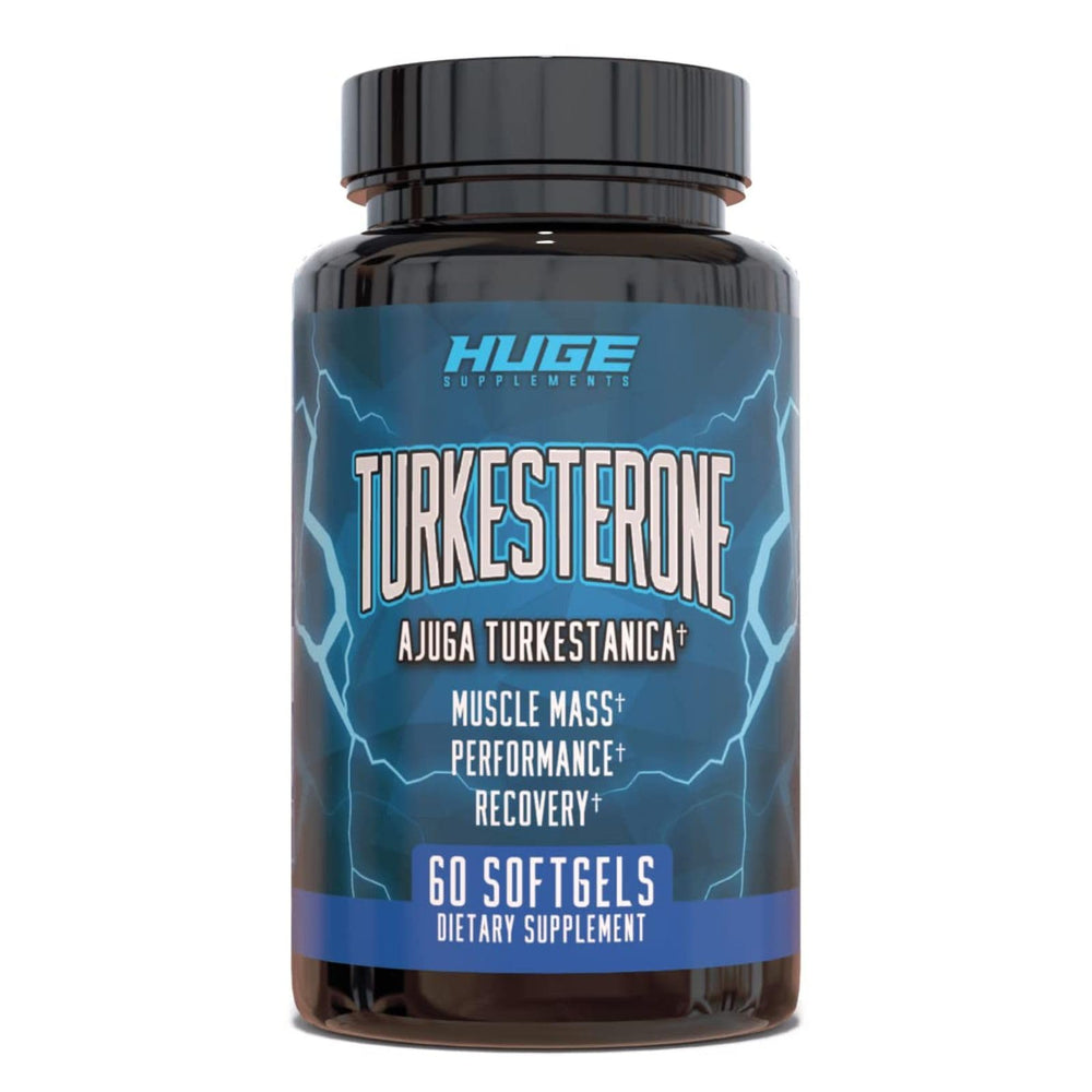 Huge Supplements Turkesterone softgel bottle highlights premium formulation for workouts