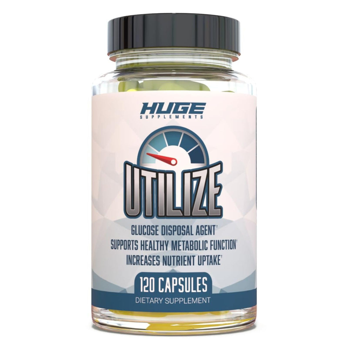 Huge Supplements Utilize GDA bottle front showing the label for carb management support