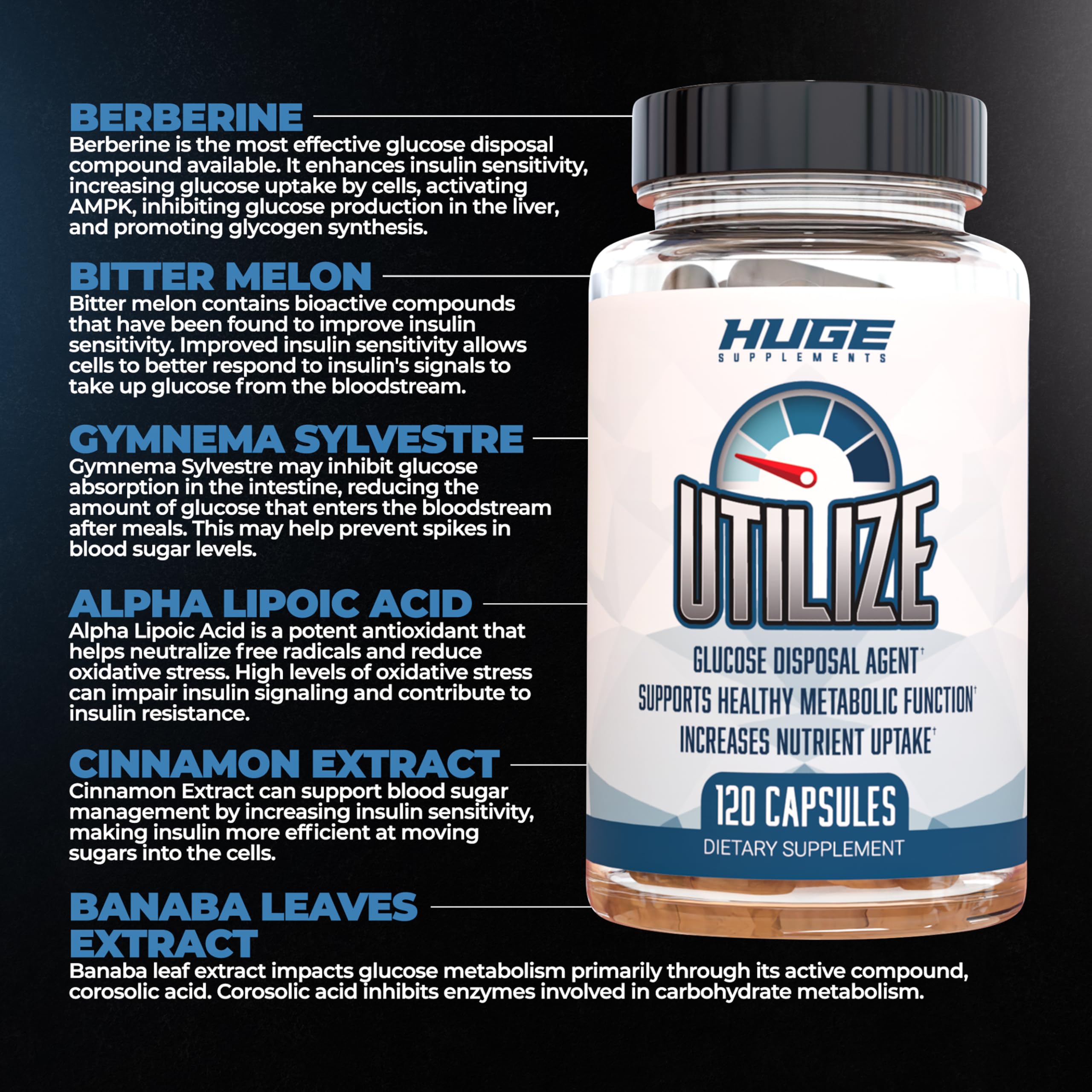 Huge Supplements Utilize GDA label close up highlighting ingredients such as berberine and cinnamon