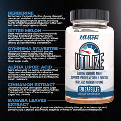 Huge Supplements Utilize GDA label close up highlighting ingredients such as berberine and cinnamon