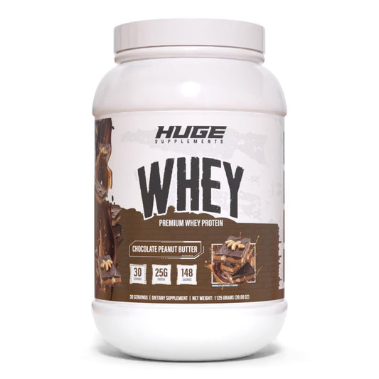 Huge Supplements Whey Protein Chocolate Peanut Butter bottle highlights post-workout protein benefits