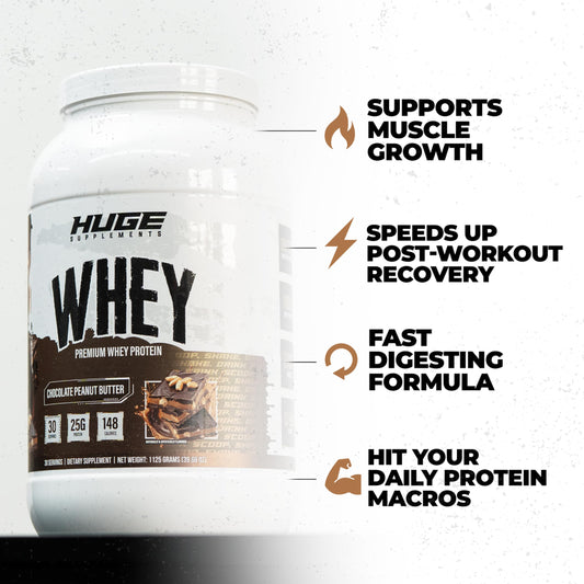 Huge Supplements Whey Protein Chocolate Peanut Butter scoop for quick, smooth mixing