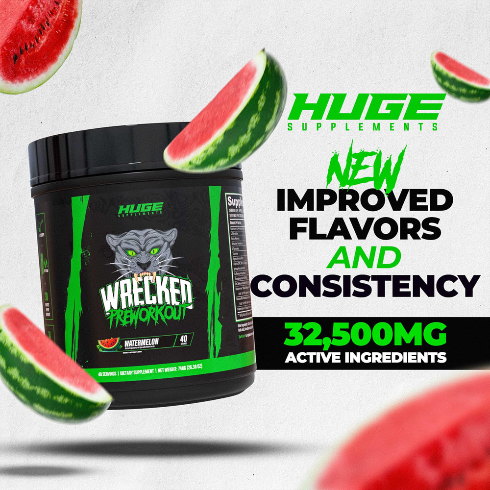 Huge Supplements Wrecked energy pump visuals suggest vascularity and intense training focus.