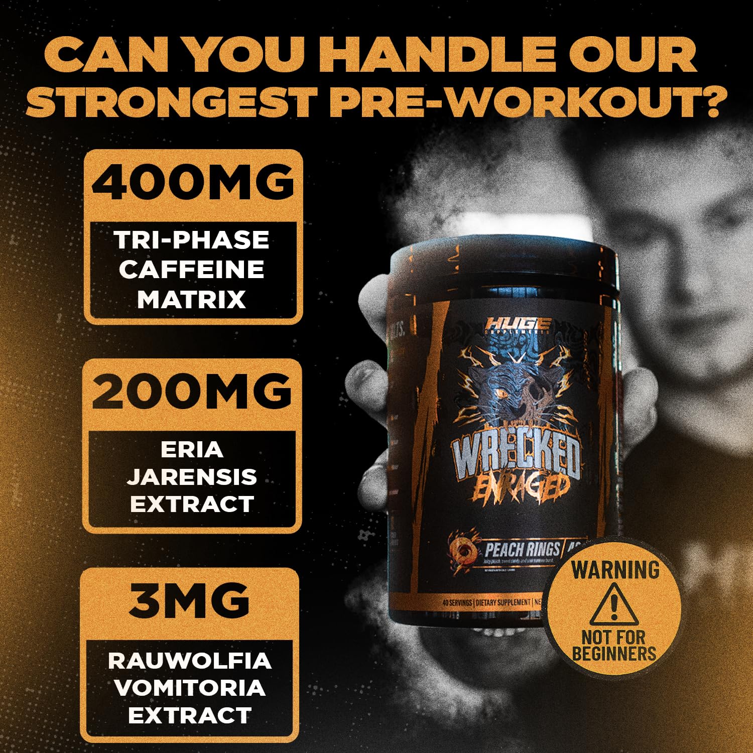 Huge Supplements Wrecked Enraged athlete workout shot conveying intensity