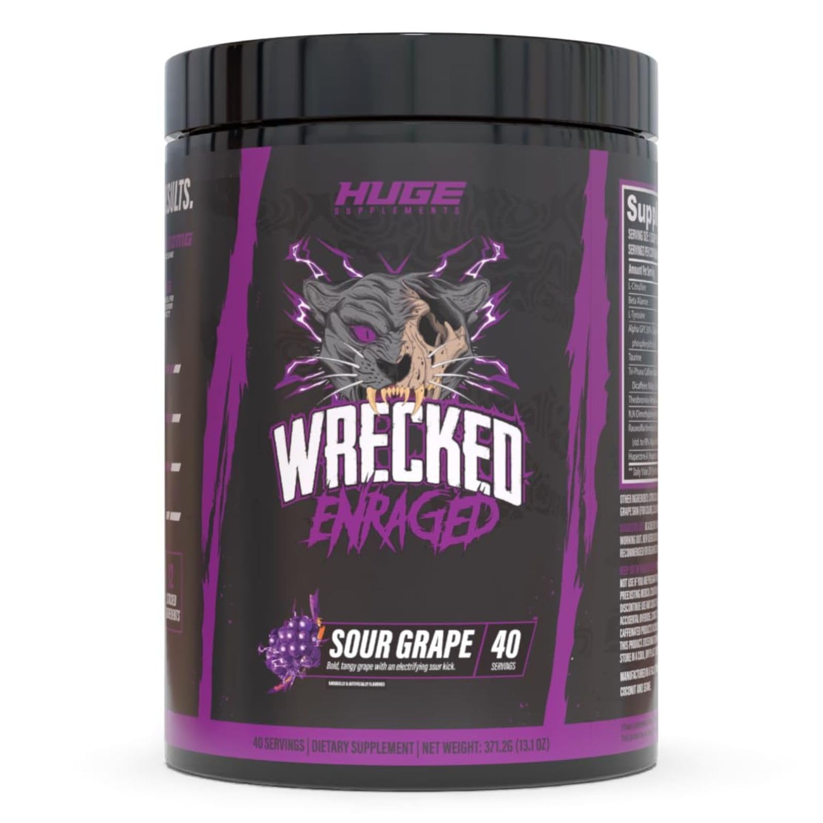 Huge Supplements Wrecked Enraged bottle front showcases intense energy for hard workouts