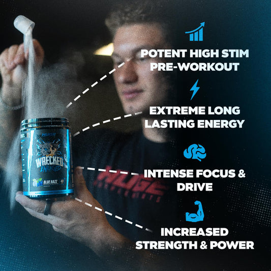 Huge Supplements Wrecked Enraged can closeup highlights a high-stim formula for focus.