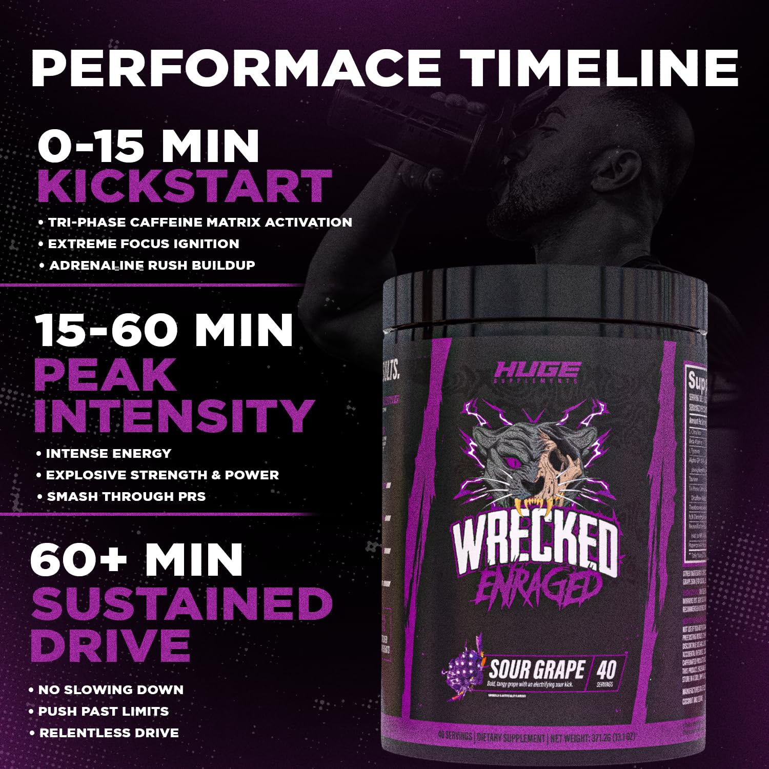 Huge Supplements Wrecked Enraged closeup ingredients hints at performance boost