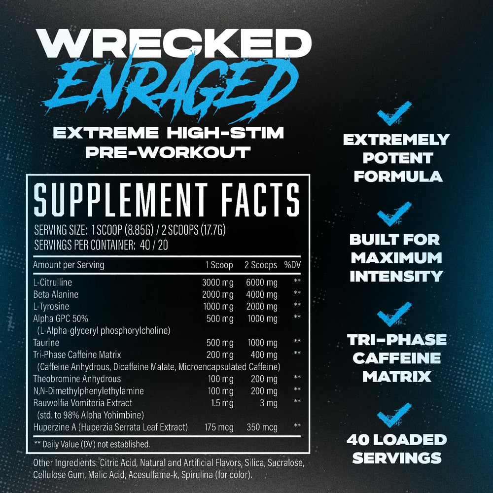 Huge Supplements Wrecked Enraged powder dispersion shows fast mixing and clean texture.