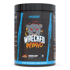 Huge Supplements Wrecked Inferno bottle signals a bold pre-workout energy boost.