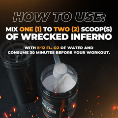 Huge Supplements Wrecked Inferno orange pineapple flavor label suggests refreshing, convenient pre-workout use.