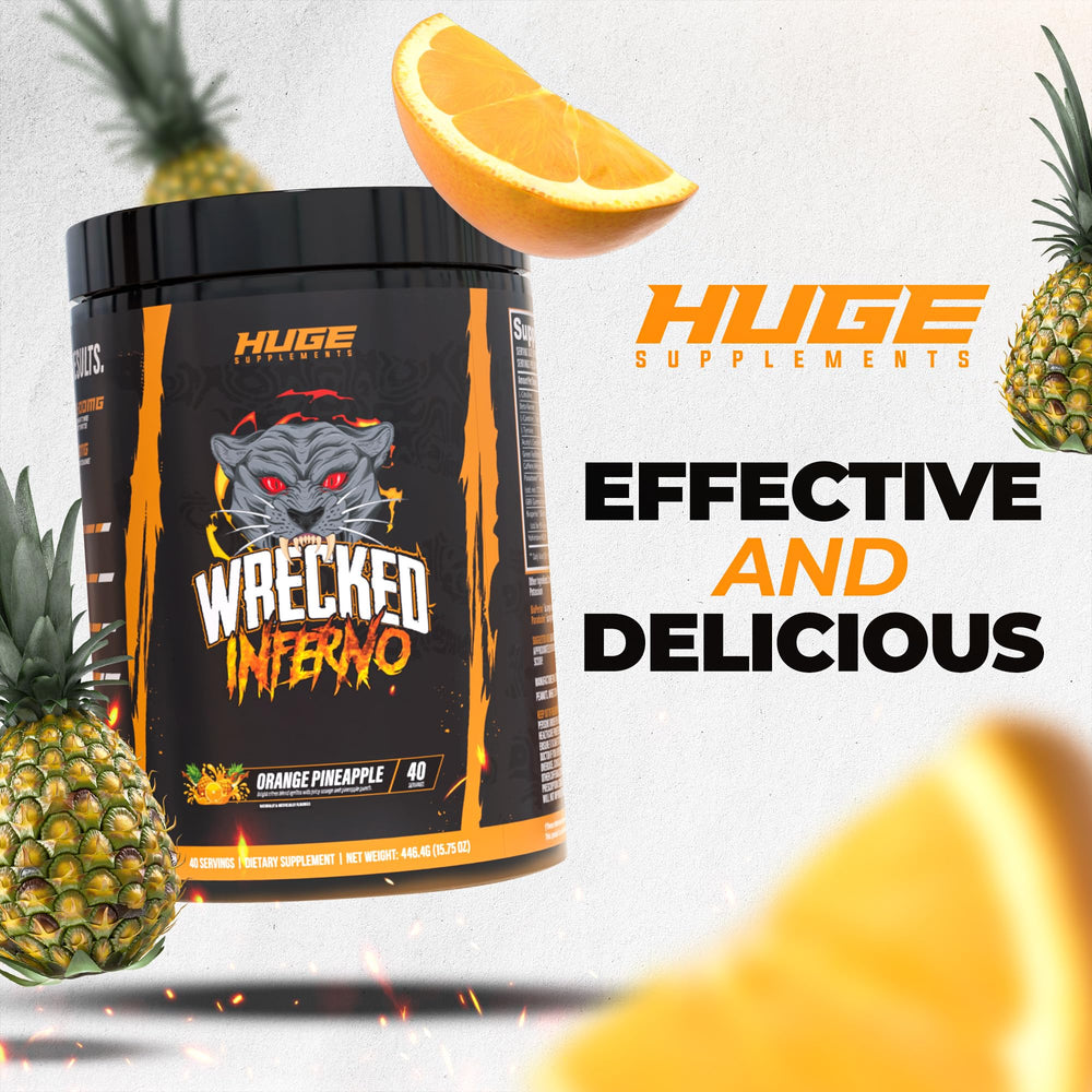 Huge Supplements Wrecked Inferno watermelon flavor label highlights a tasty pre-workout ritual.