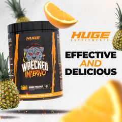 Huge Supplements Wrecked Inferno watermelon flavor label highlights a tasty pre-workout ritual.