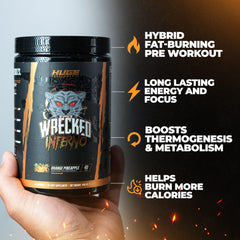 Huge Supplements Wrecked Inferno glass with mixed drink suggests steady energy during training.