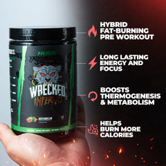 Huge Supplements Wrecked Inferno orange pineapple flavor powder primed for quick energy.