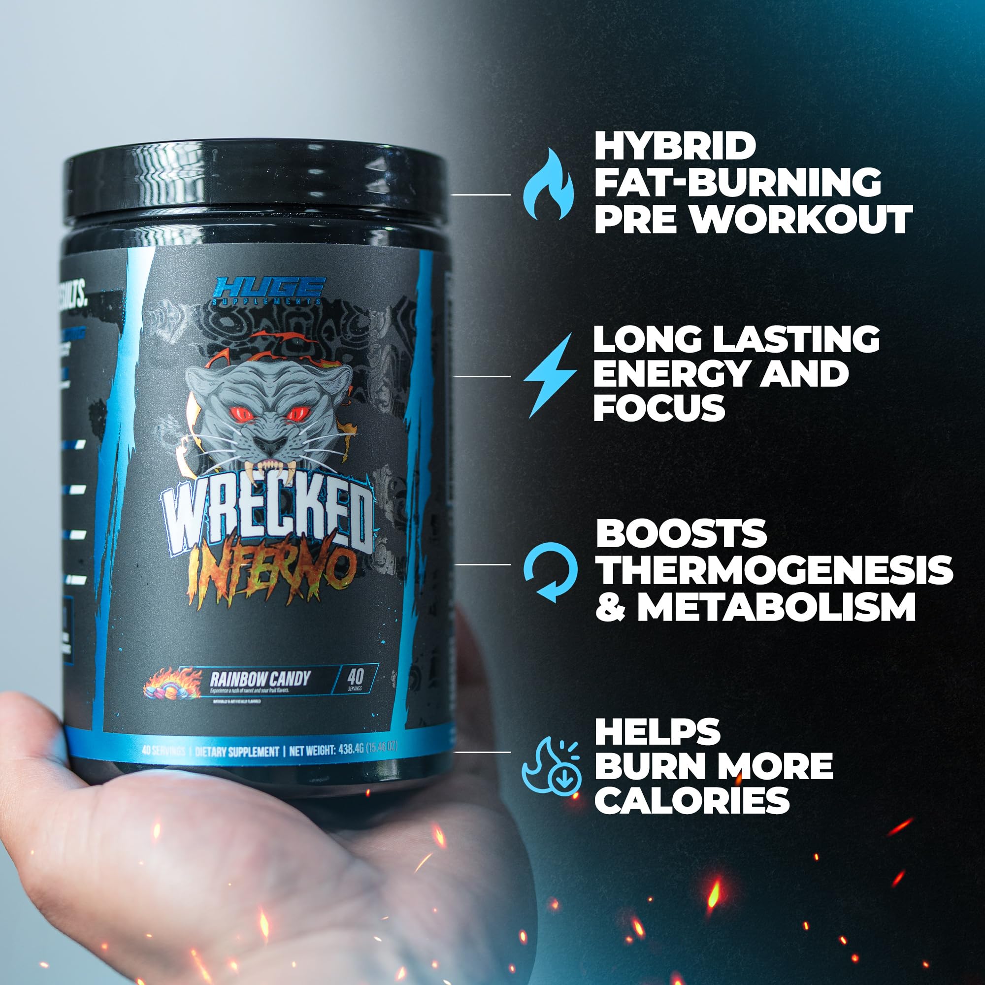 Huge Supplements Wrecked Inferno orange pineapple flavor bottle ready for high-intensity sessions.