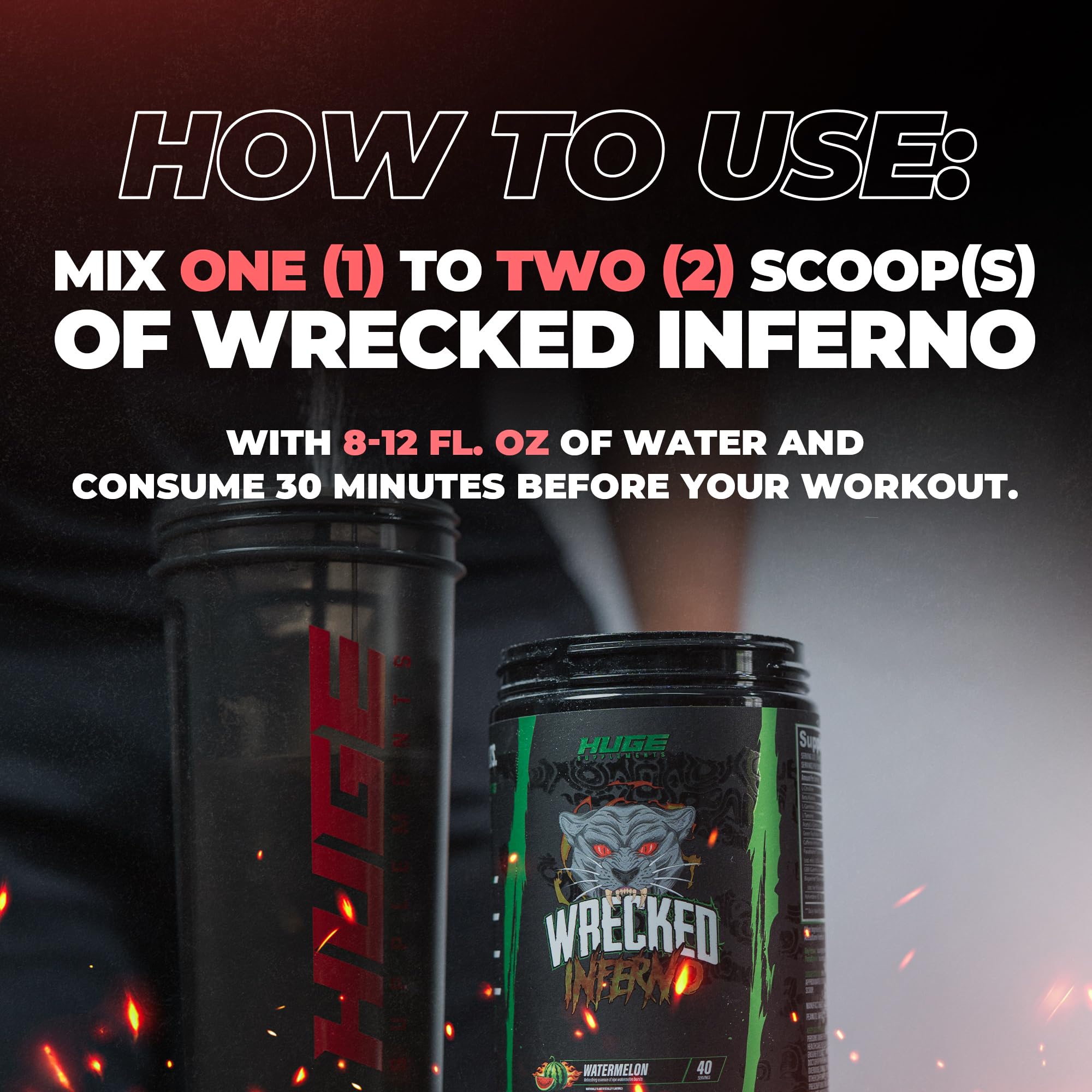 Huge Supplements Wrecked Inferno pre-workout ready for gym training sessions.