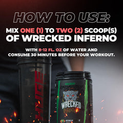 Huge Supplements Wrecked Inferno pre-workout ready for gym training sessions.