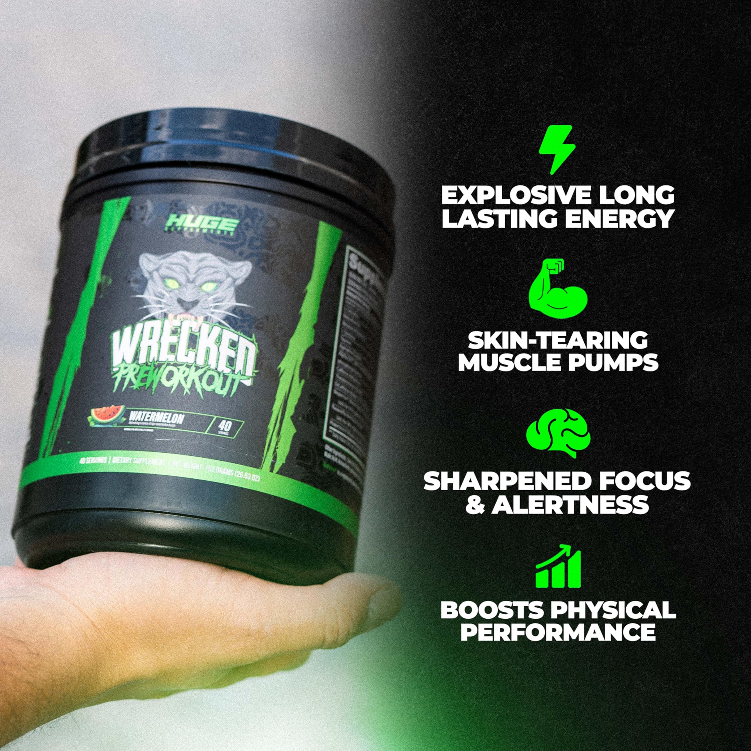 Huge Supplements Wrecked ingredient label close-up highlights scientifically-backed formula.