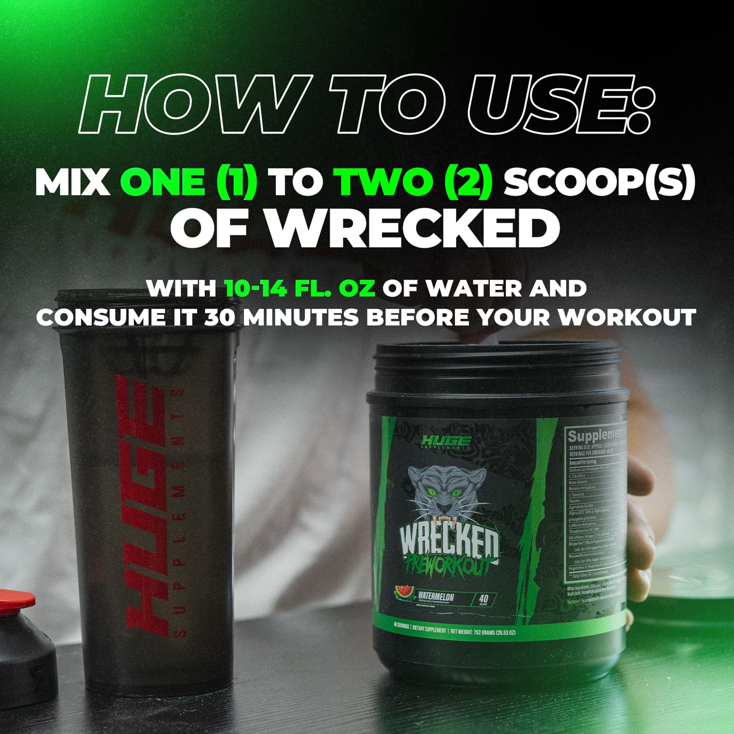 Huge Supplements Wrecked post-workout pump with water bottle emphasize performance potential.