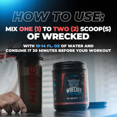 Huge Supplements Wrecked bottle and tub emphasizing formula rich in ingredients