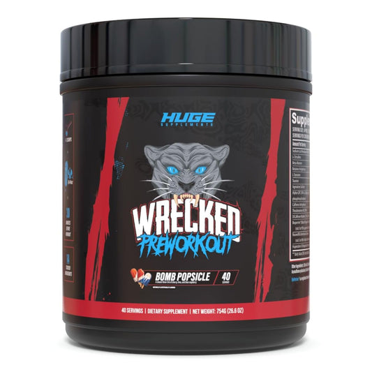 Huge Supplements Wrecked pre-workout front label highlights energy for intense workouts
