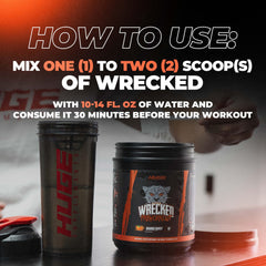 Huge Supplements Wrecked label close-up highlighting key ingredients and caffeine content