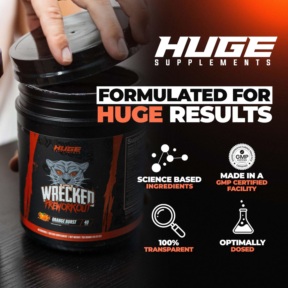 Huge Supplements Wrecked powder mixed in water for a smooth, flavorful drink