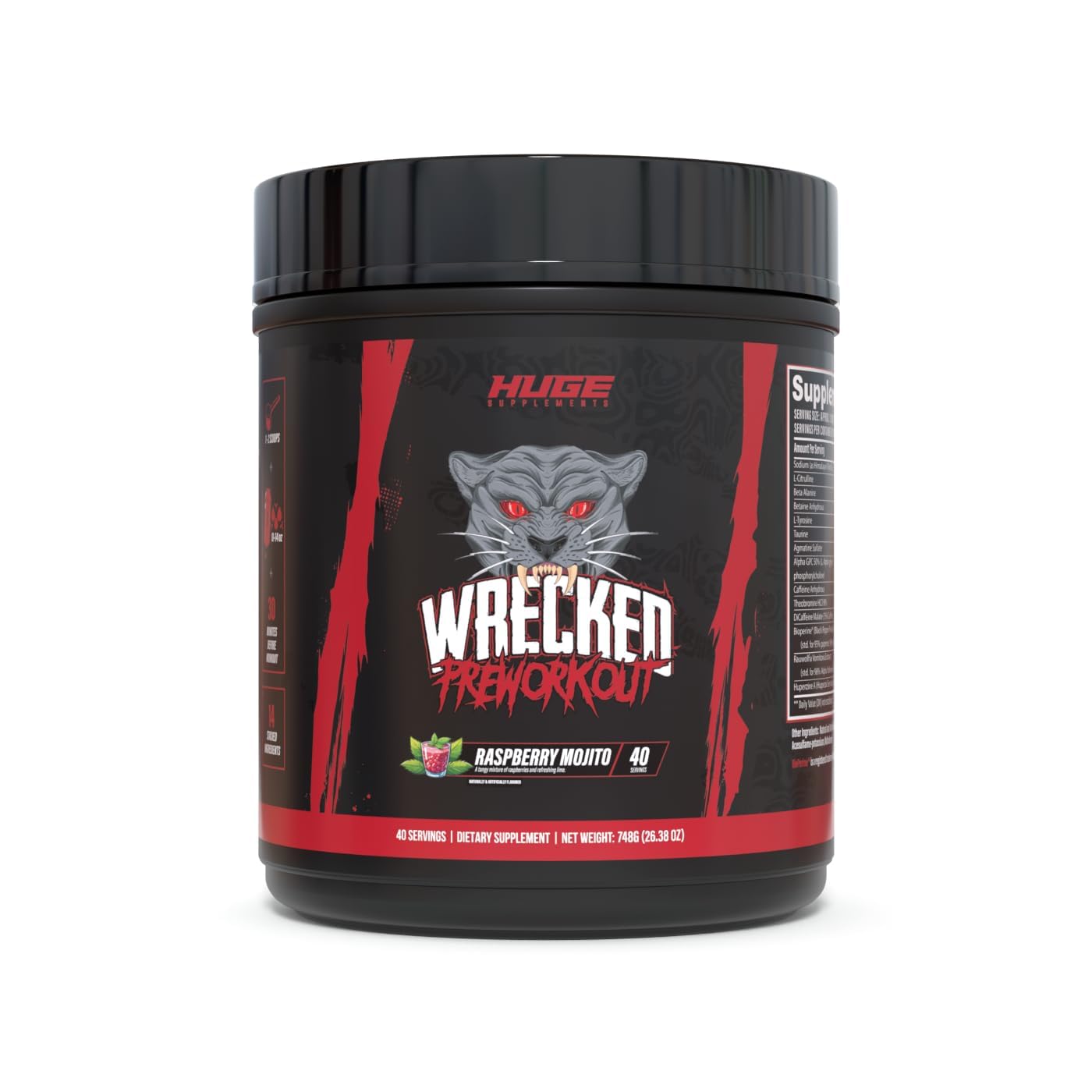 Huge Supplements Wrecked pre-workout powder boosts energy and focus for intense training sessions.