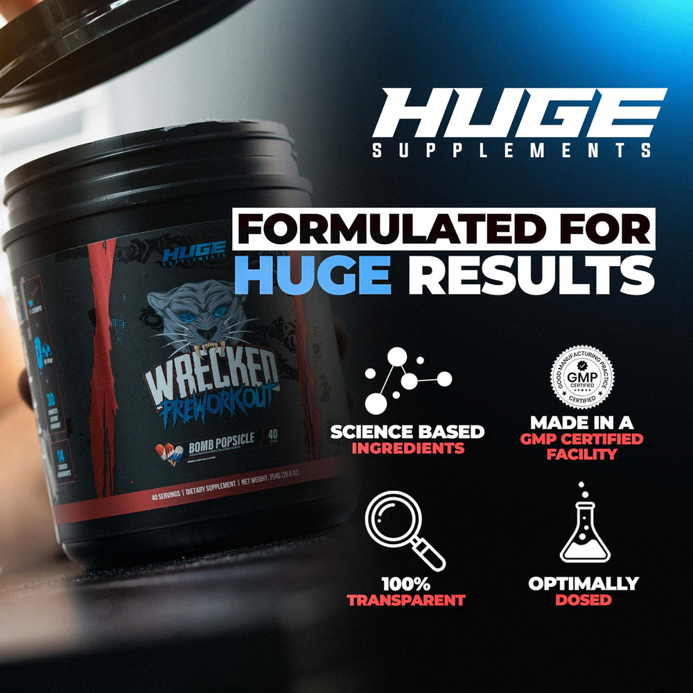 Huge Supplements Wrecked serving in hand for focused pre-workout session