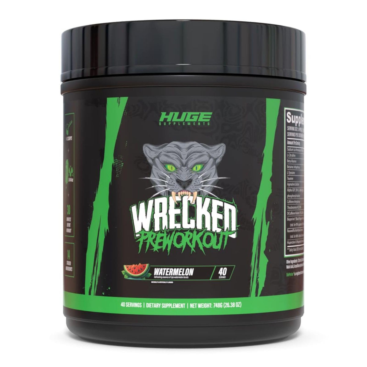 Huge Supplements Wrecked watermelon powder tub close-up for flavor and ingredient clarity.