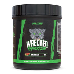 Huge Supplements Wrecked watermelon powder tub close-up for flavor and ingredient clarity.