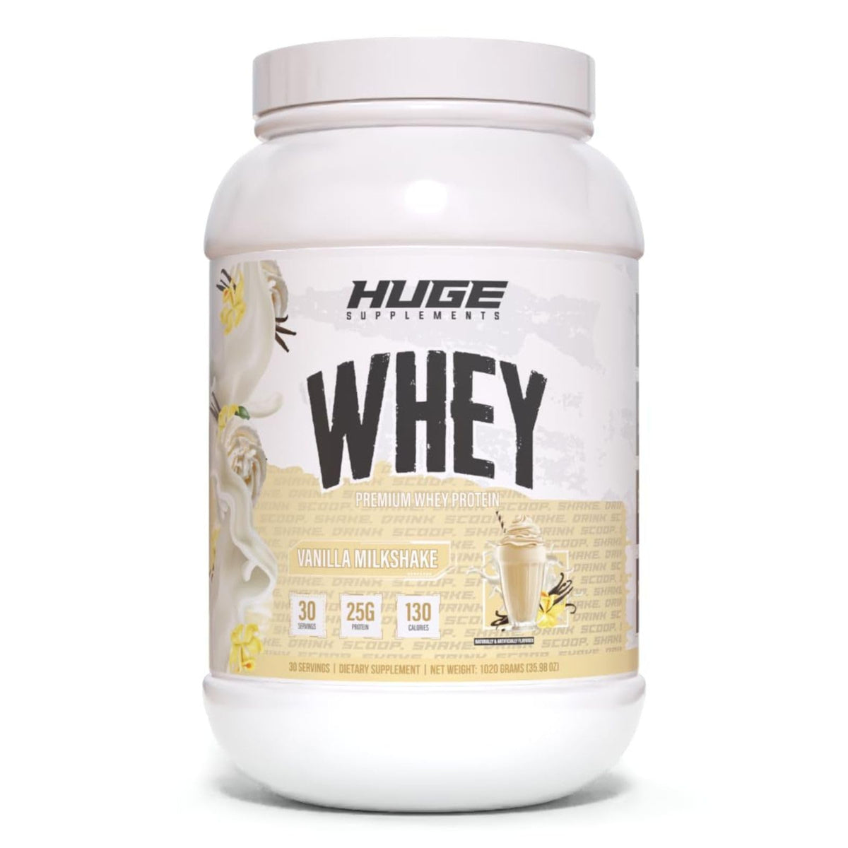 Huge Whey bottle front showing 25 g protein per serving for muscle support