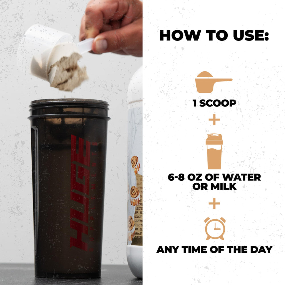 Huge Whey Cinnamon Bun flavor conveys indulgent taste and everyday use.