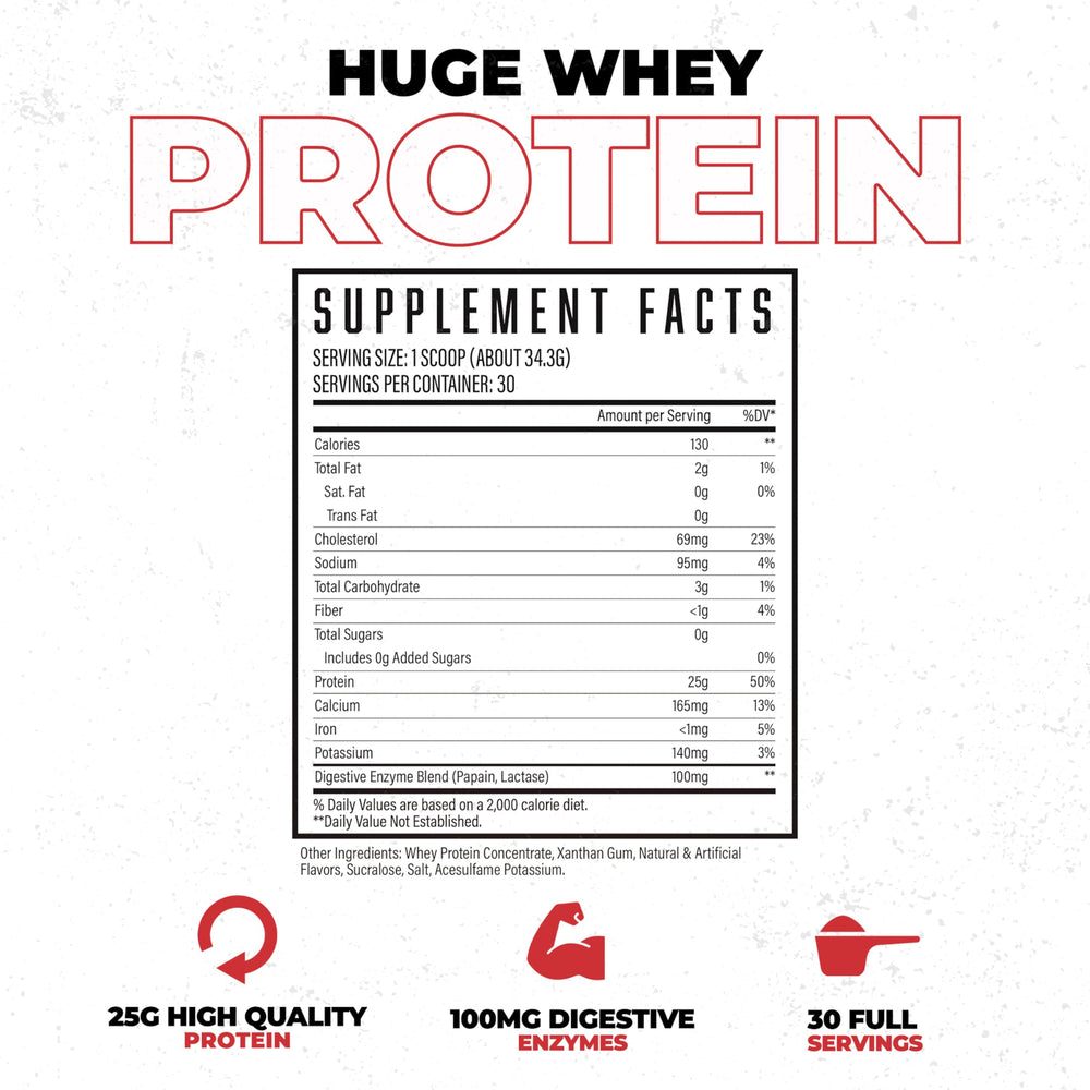 Huge Whey no-clumping formula delivers a smooth shake every time.