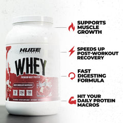 Huge Whey protein powder, 30 servings, ready-to-make shake for muscle support.
