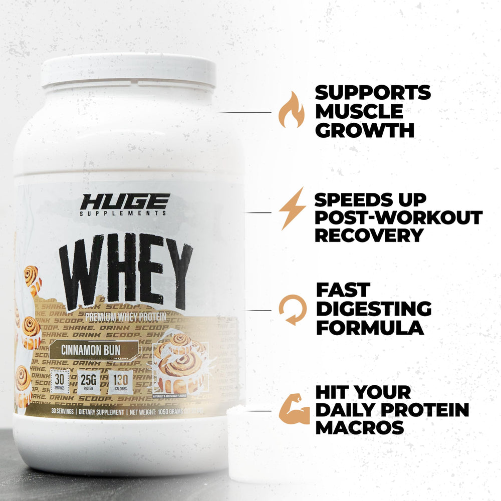 Huge Whey powder mixing close-up demonstrates smooth, lump-free shakes.