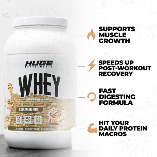 Huge Whey powder mixing close-up demonstrates smooth, lump-free shakes.