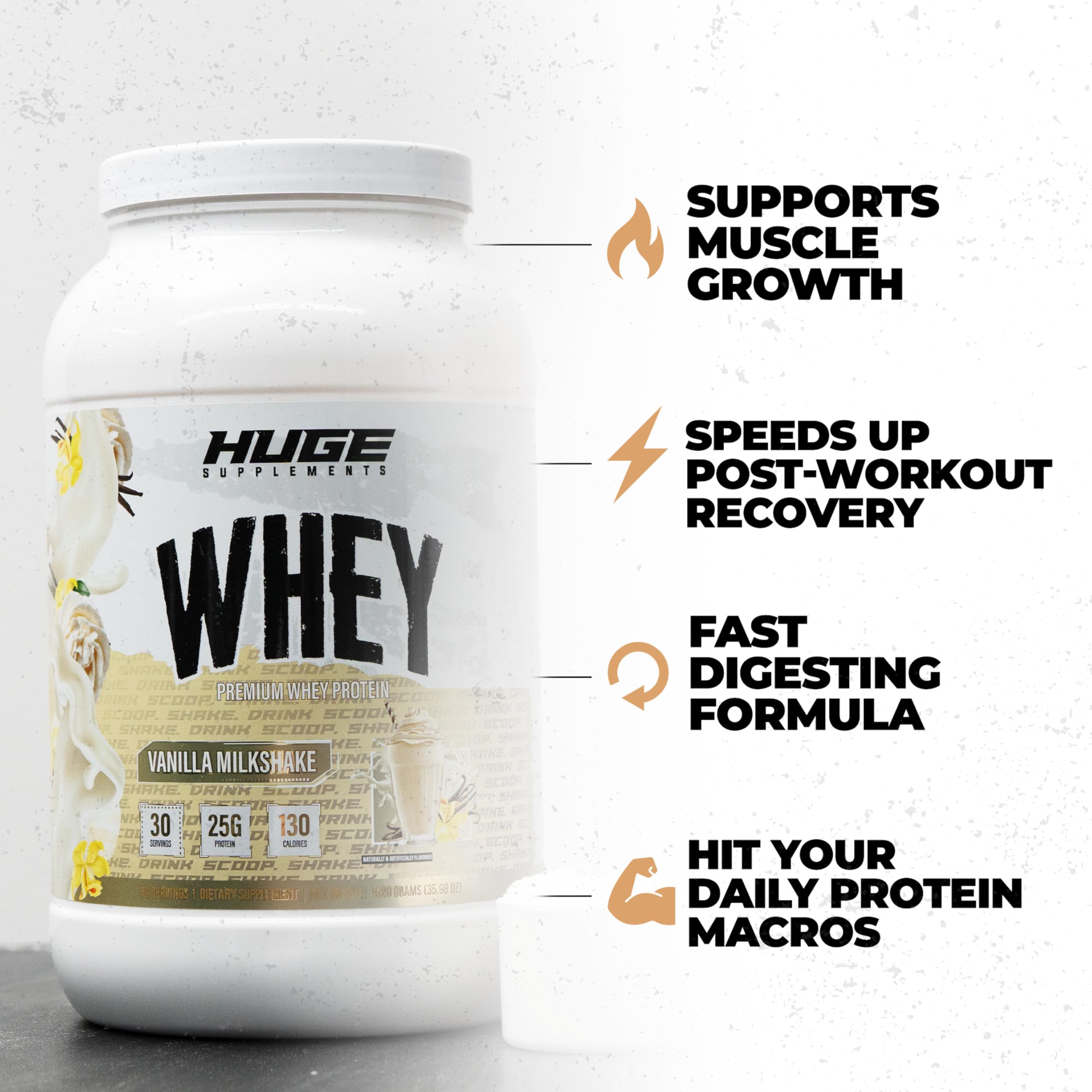 Huge Whey protein scoop highlights premium whey blend for post-workout recovery