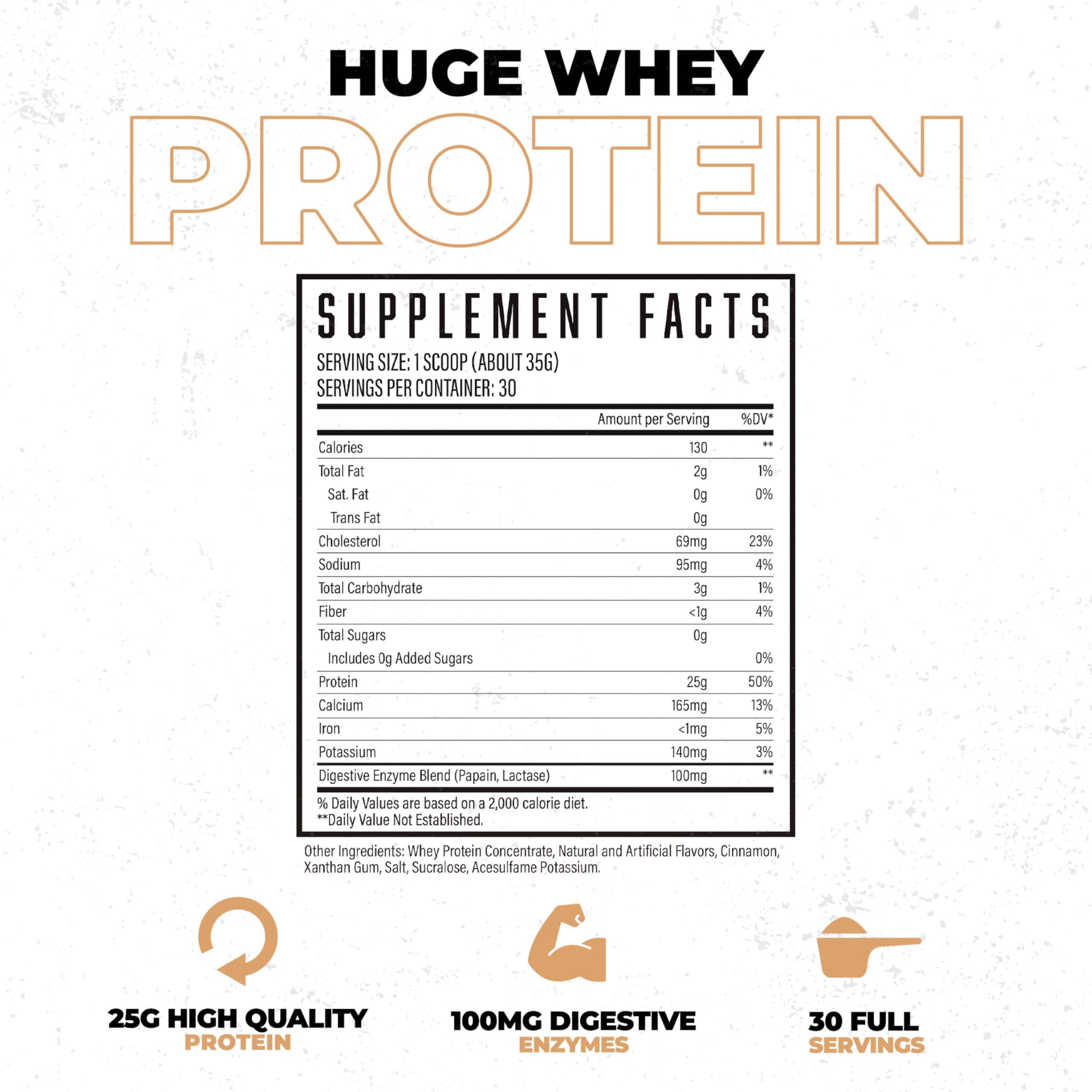 Huge Whey recovery image emphasizes amino acids aiding tissue repair.