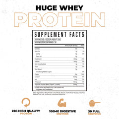 Huge Whey recovery image emphasizes amino acids aiding tissue repair.