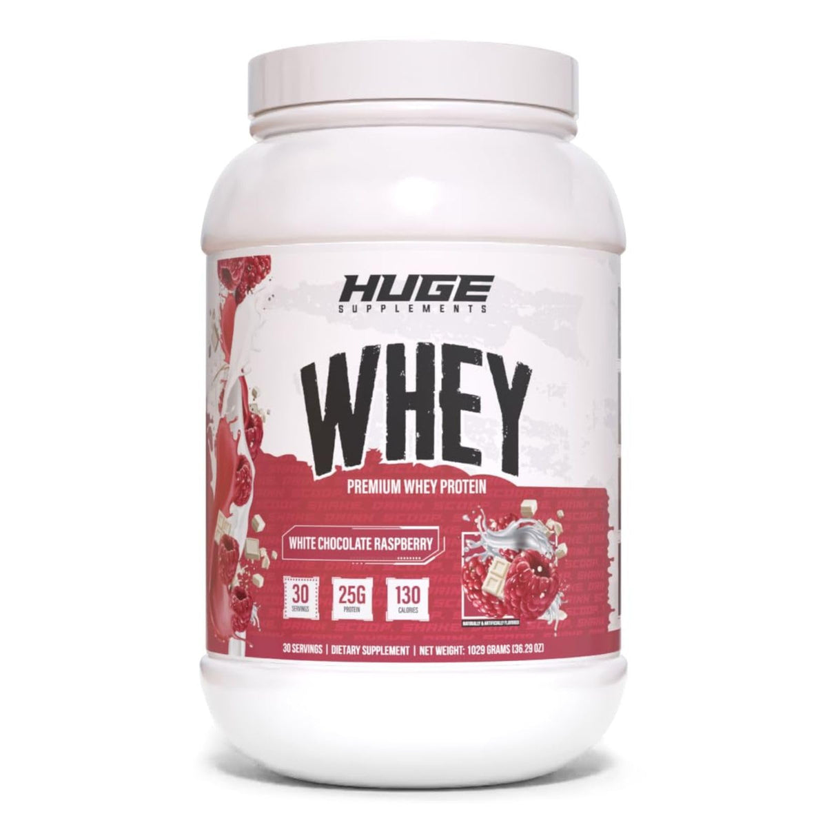 Huge Whey White Chocolate Raspberry scoop demonstrates smooth mixability and delicious flavor.
