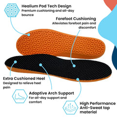 HUHV HEALIUM BOOST+ insoles feature semi-rigid arch support for natural foot alignment.